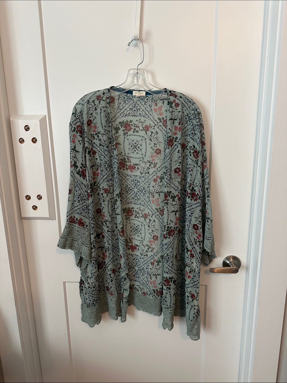 Floral Lace Trim Draped Kimono - Sage Green